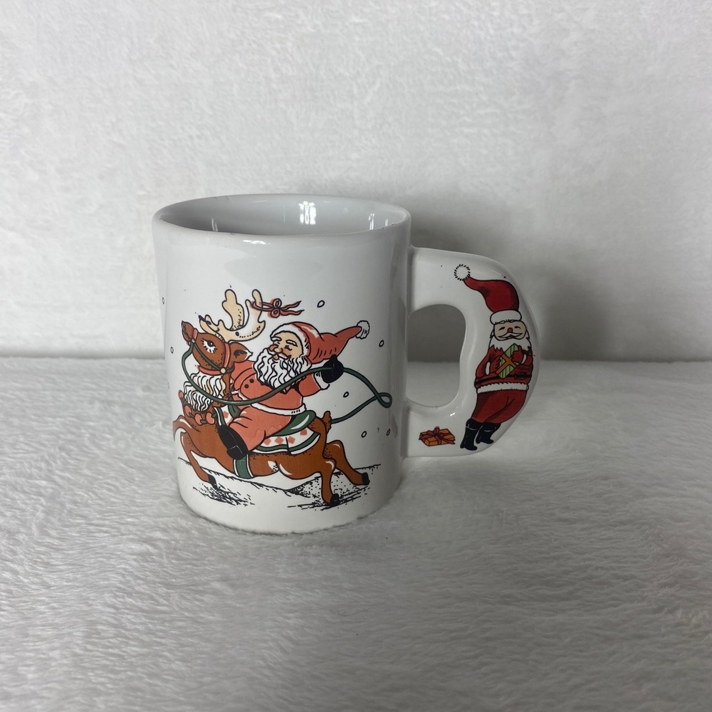 VTG Santa Claus & Reindeer Christmas Holiday Novelty Mug With Santa‎ Handle